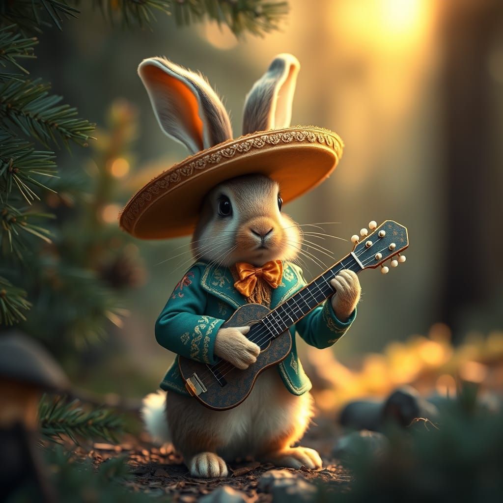 Miniature Mariachi Rabbit in Jewel-Toned Forest