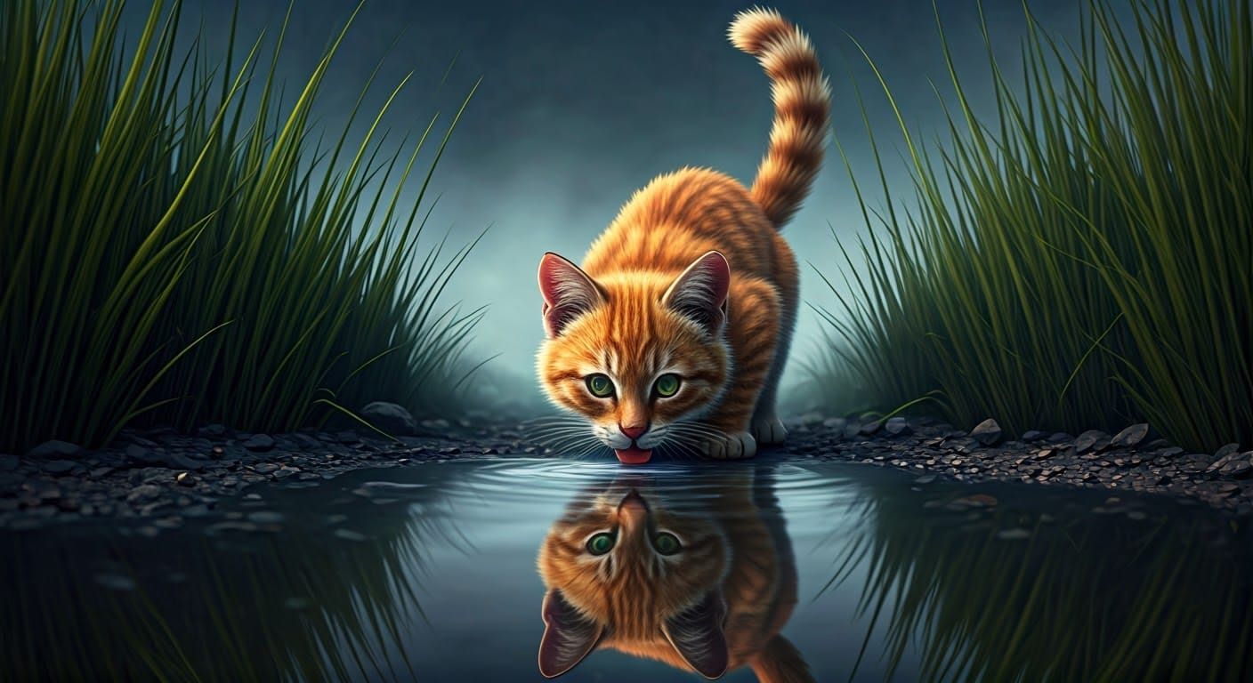 Orange Cat's Tiger Reflection in Digital Matte Painting