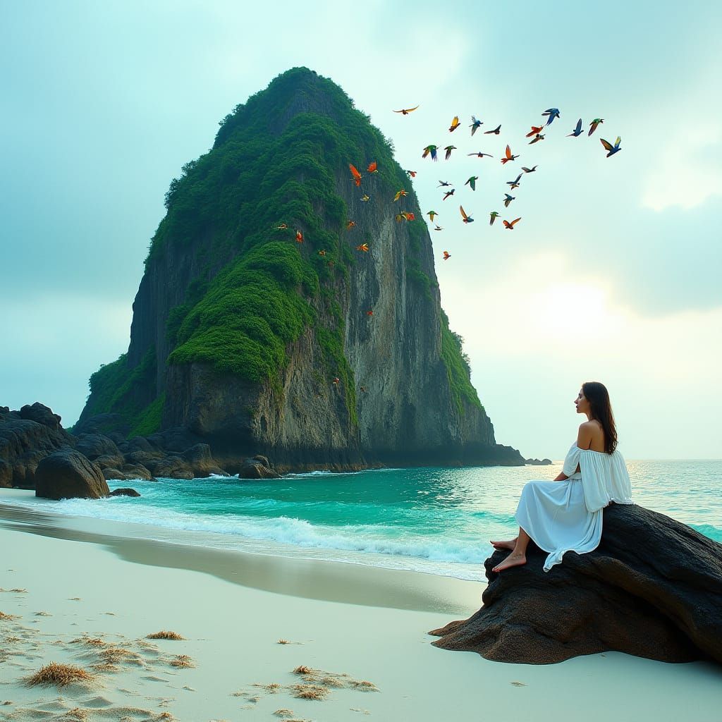 Tropical Beach Scene with Volcanic Rock and Woman