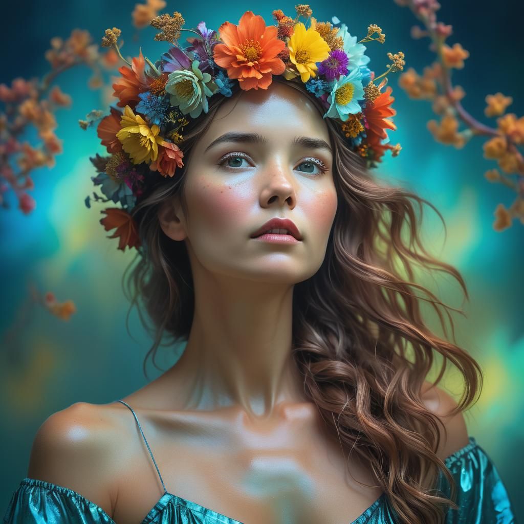 Woman with Flower Crown in Polychrome Metallic Style
