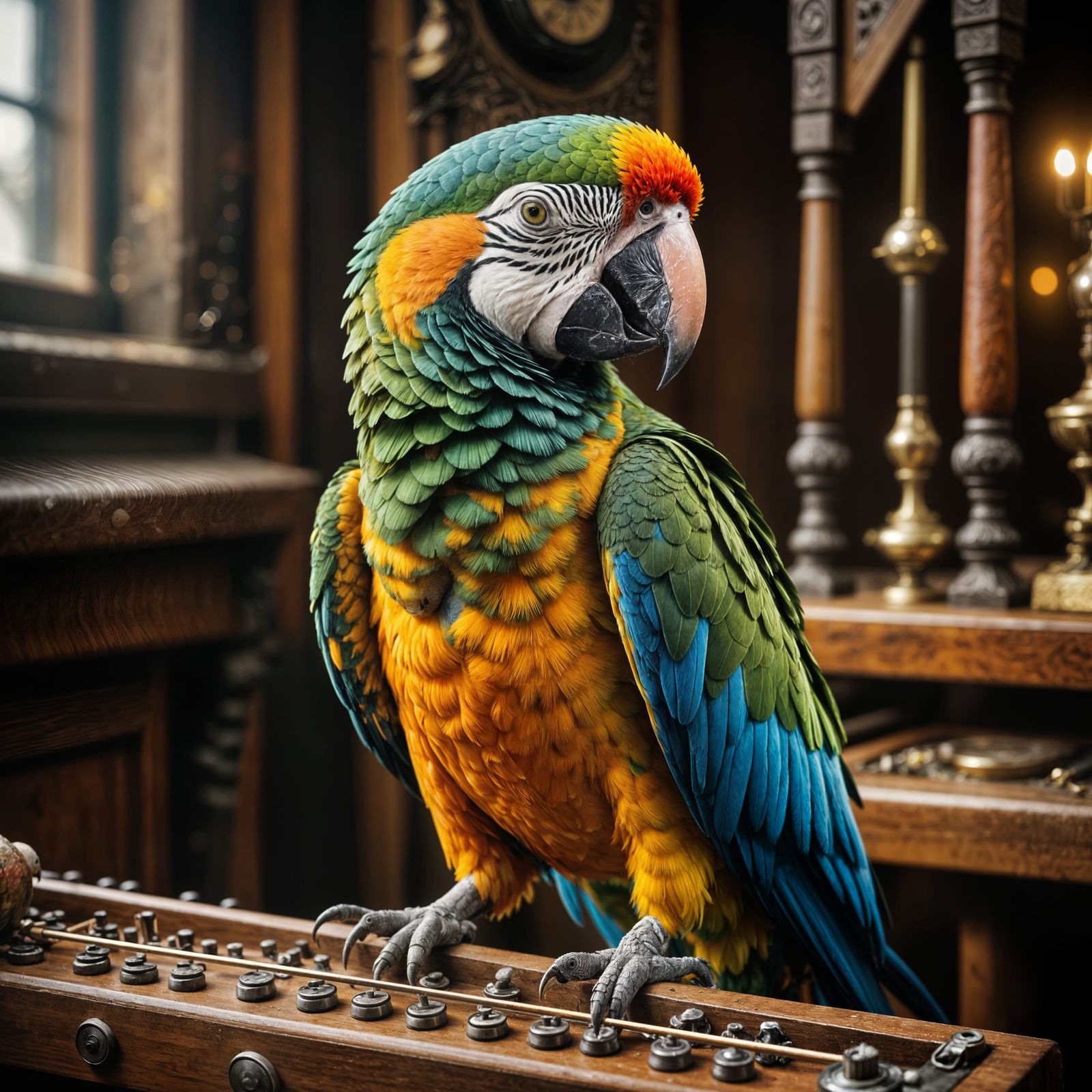 Vibrant Parrot Performs on Triangle Instrument