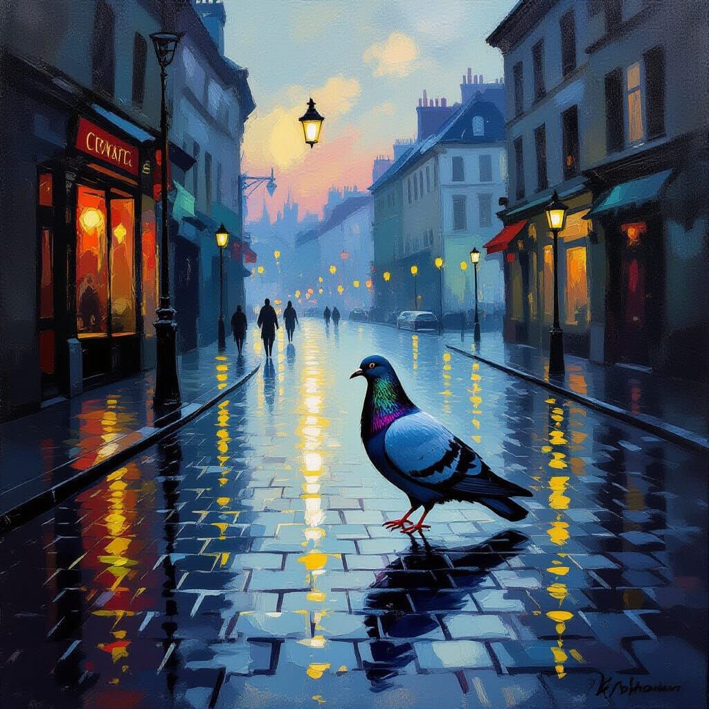Pigeon on Wet Cobblestones at Dusk in Impressionist Style