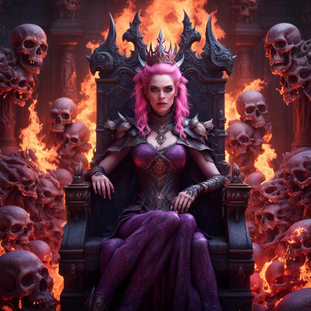 Pink-Haired Demon Queen on Skull Throne