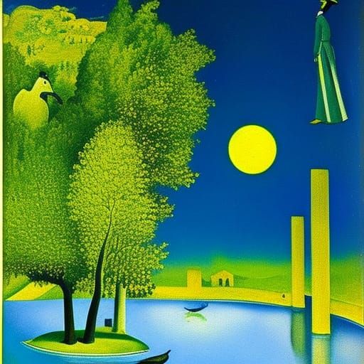 Surreal Figure Flying Over Woodland, Fauvist Style