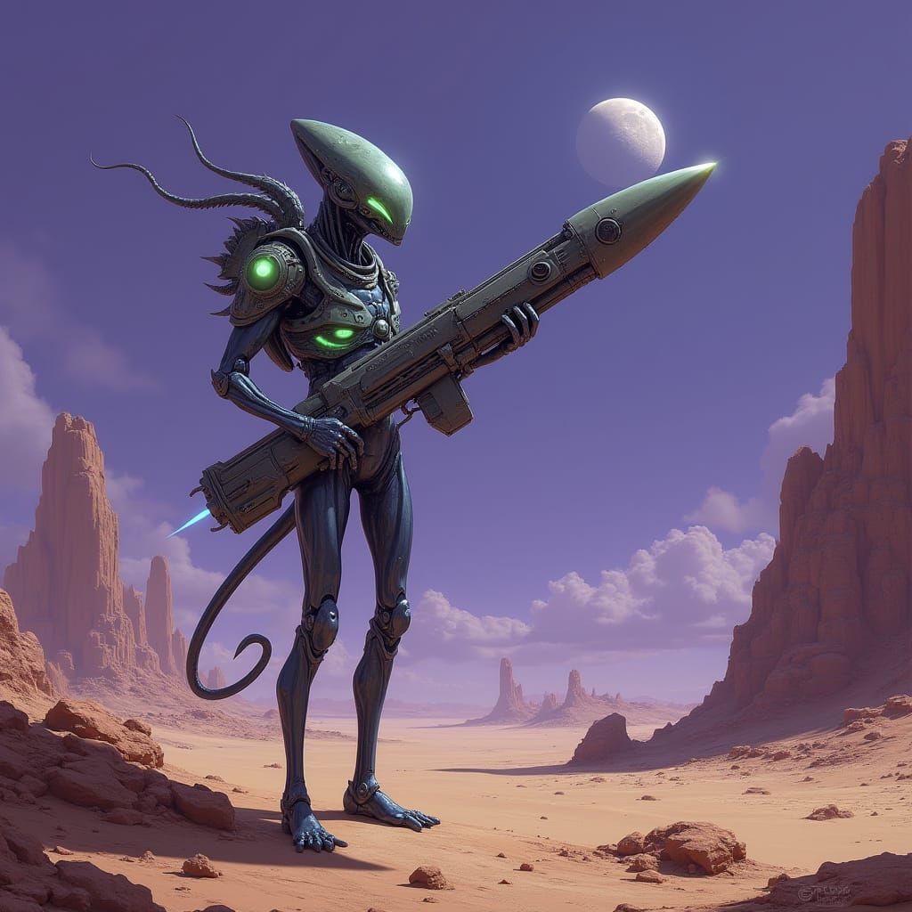 Alien Warrior with Advanced Rocket Launcher on a Two-Moon Pl...