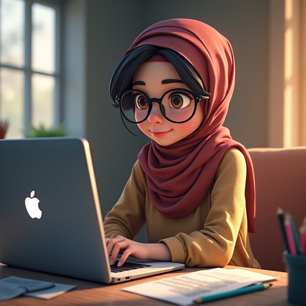 Stylish Hijabi Girl Focuses on Laptop in Modern Workspace