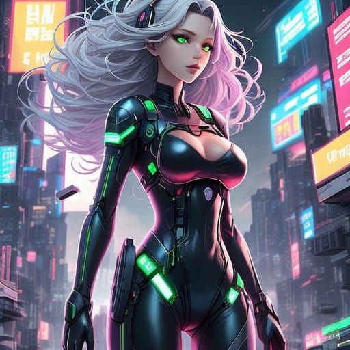 Anime Cyberpunk Goddess with Emerald and Ruby Eyes