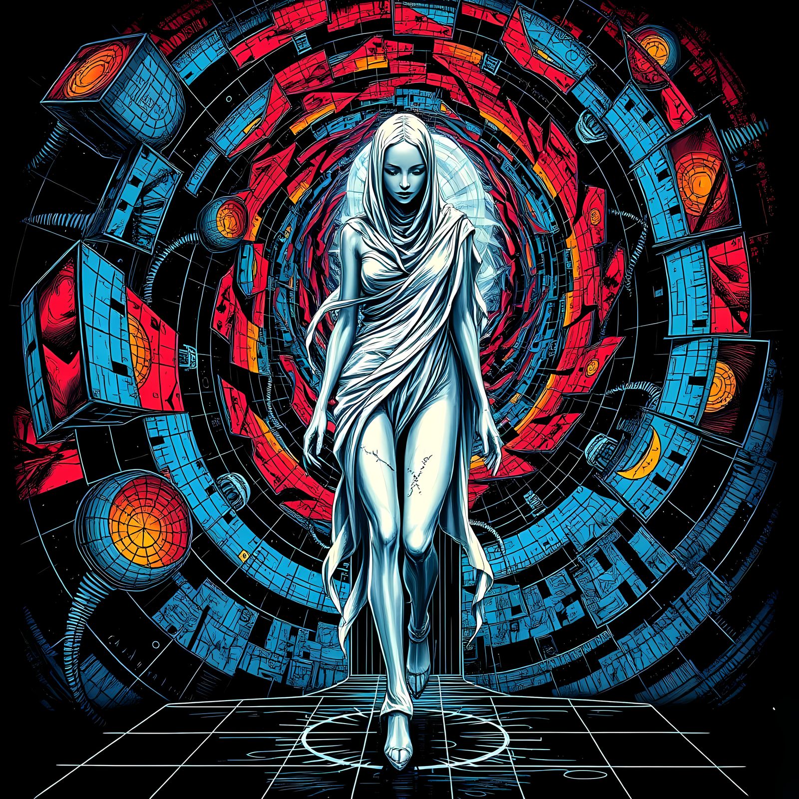 Faceless Figure Unravels into Vortex of Colorful Spirals