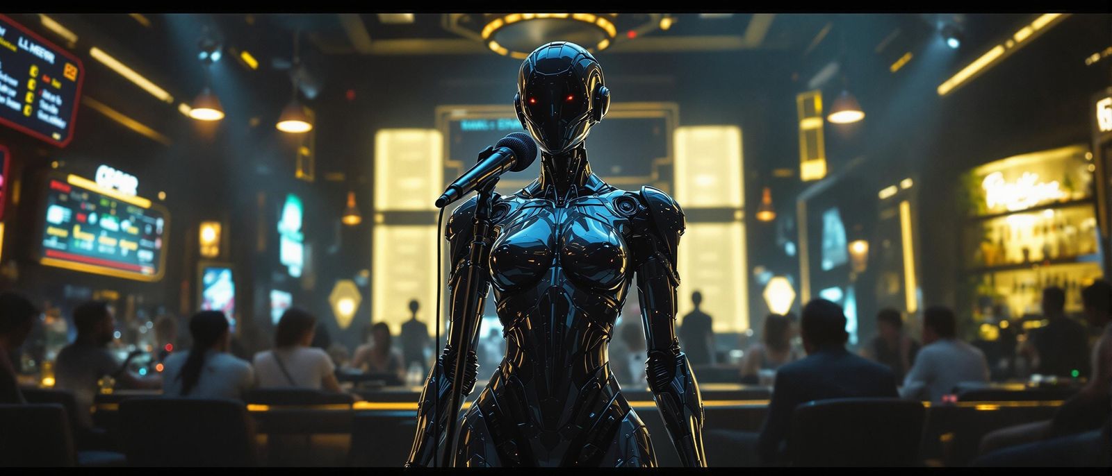 Futuristic Robot Singer in Cyberpunk Bar