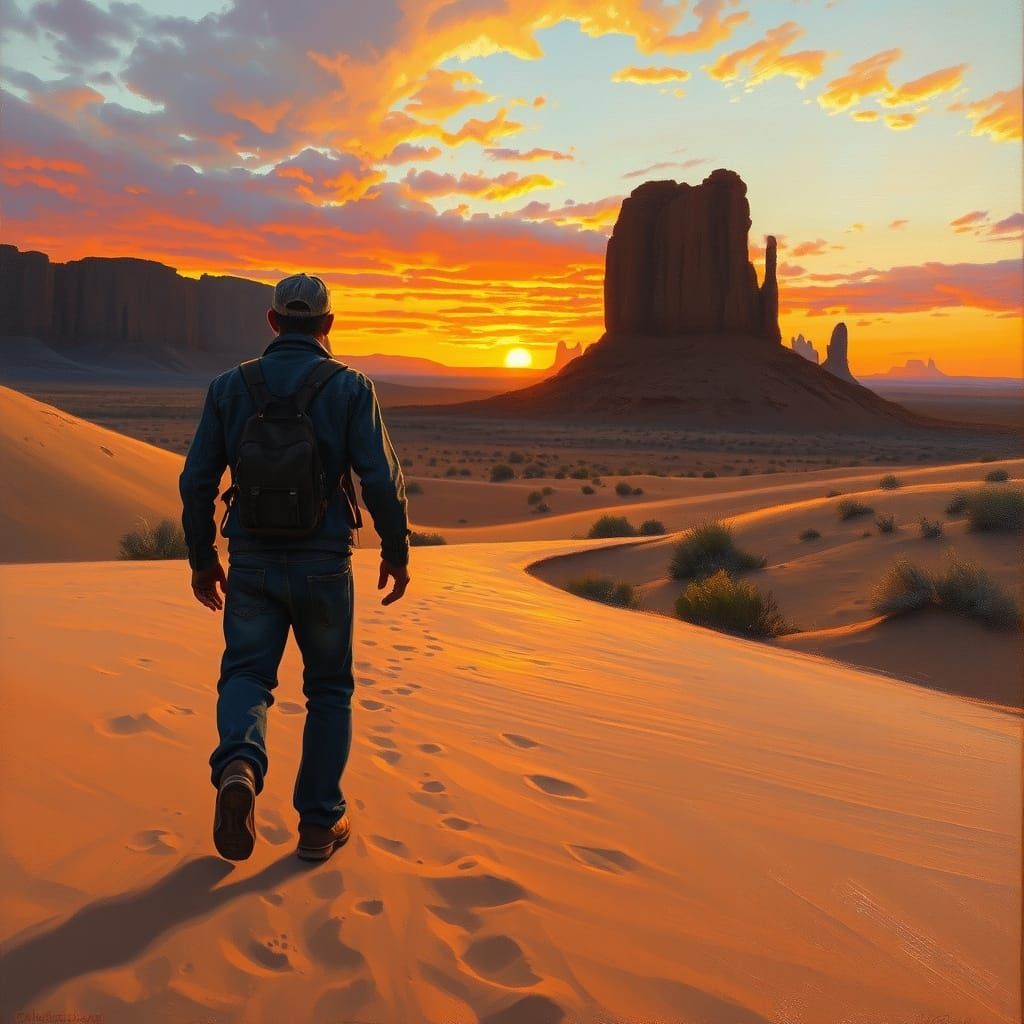 Sunset desert scene oil painting by James Gurney