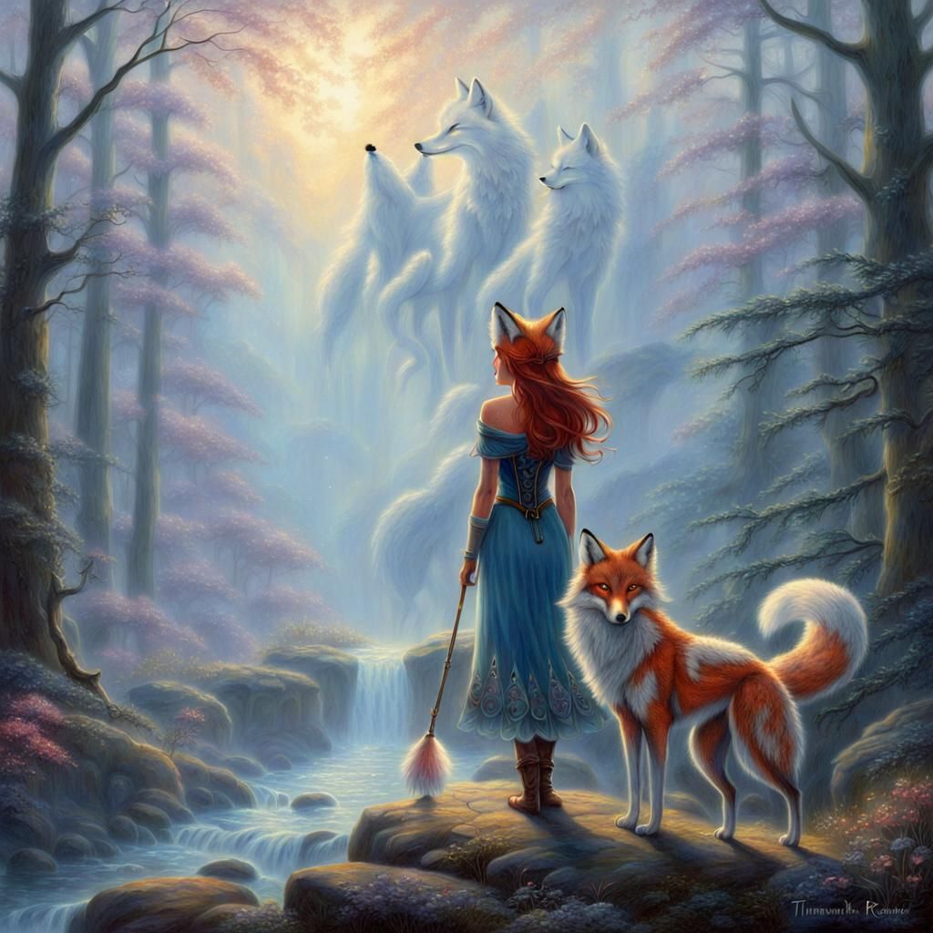 Fantasy Girl with Fox Companion in Ethereal Style
