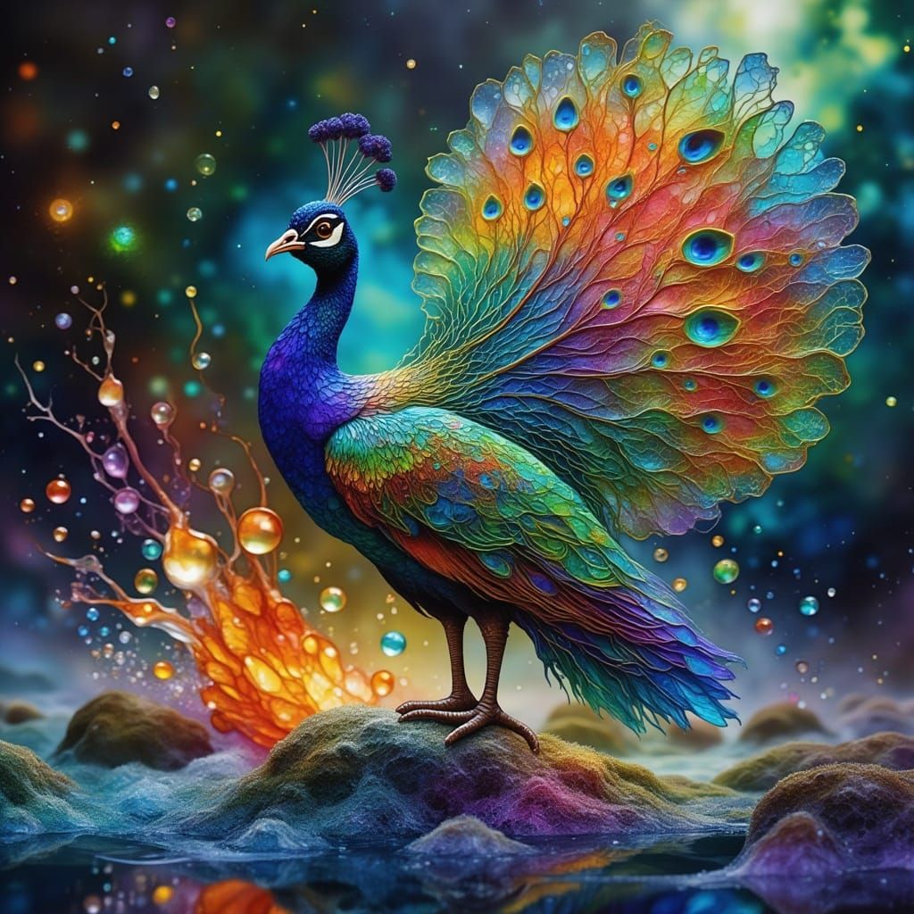Dissolving Peacock Over Black Ice: A Surreal Scene