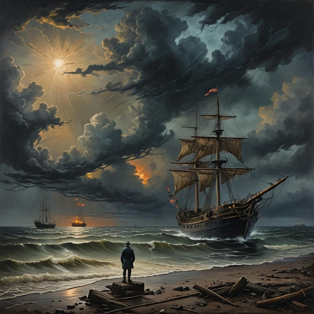 Eerie Oil Painting: Sailor and Abandoned Ship