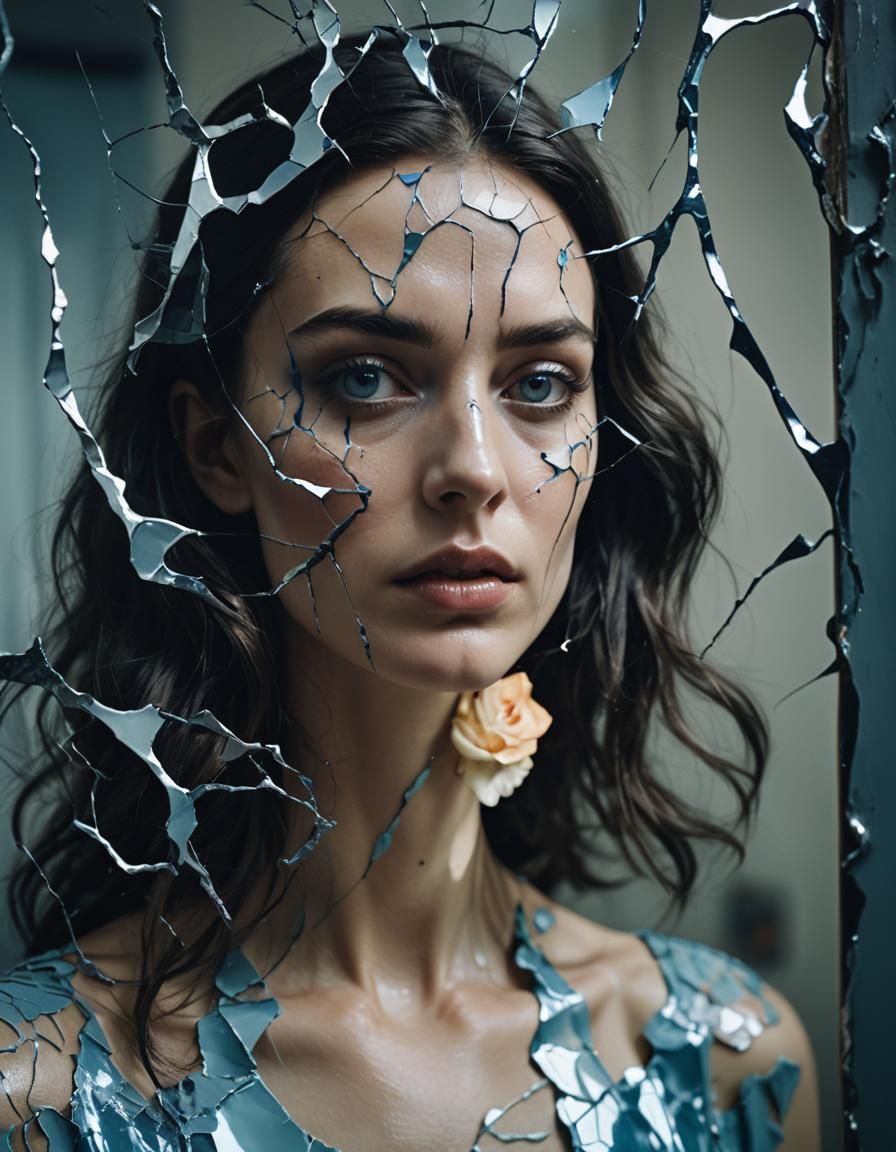 Surreal Portrait of Girl with Cracked Mirror Reflection