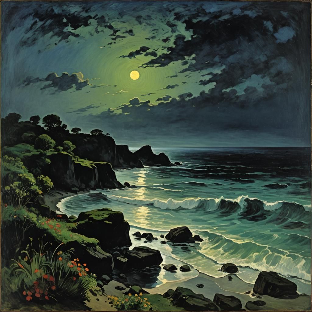 Bioluminescent Shoreline in Fauvist Post-Impressionism Style