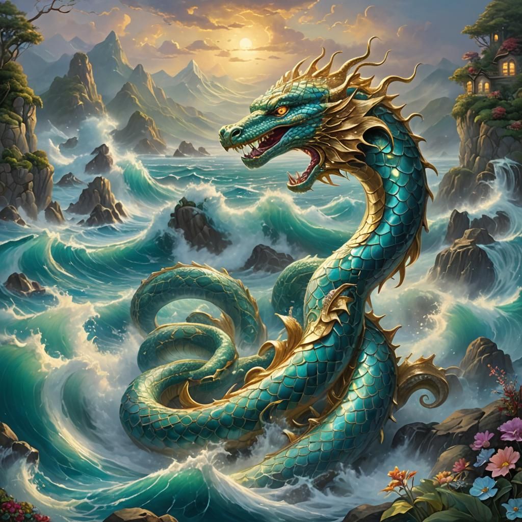 Golden Jeweled Serpent in Turquoise Ocean, Ethereal Fantasy