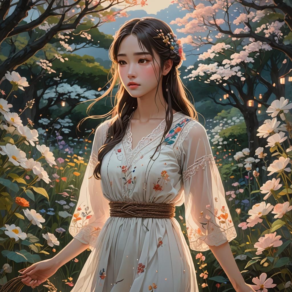 Ethereal Girl in Flower Garden, Detailed Digital Art