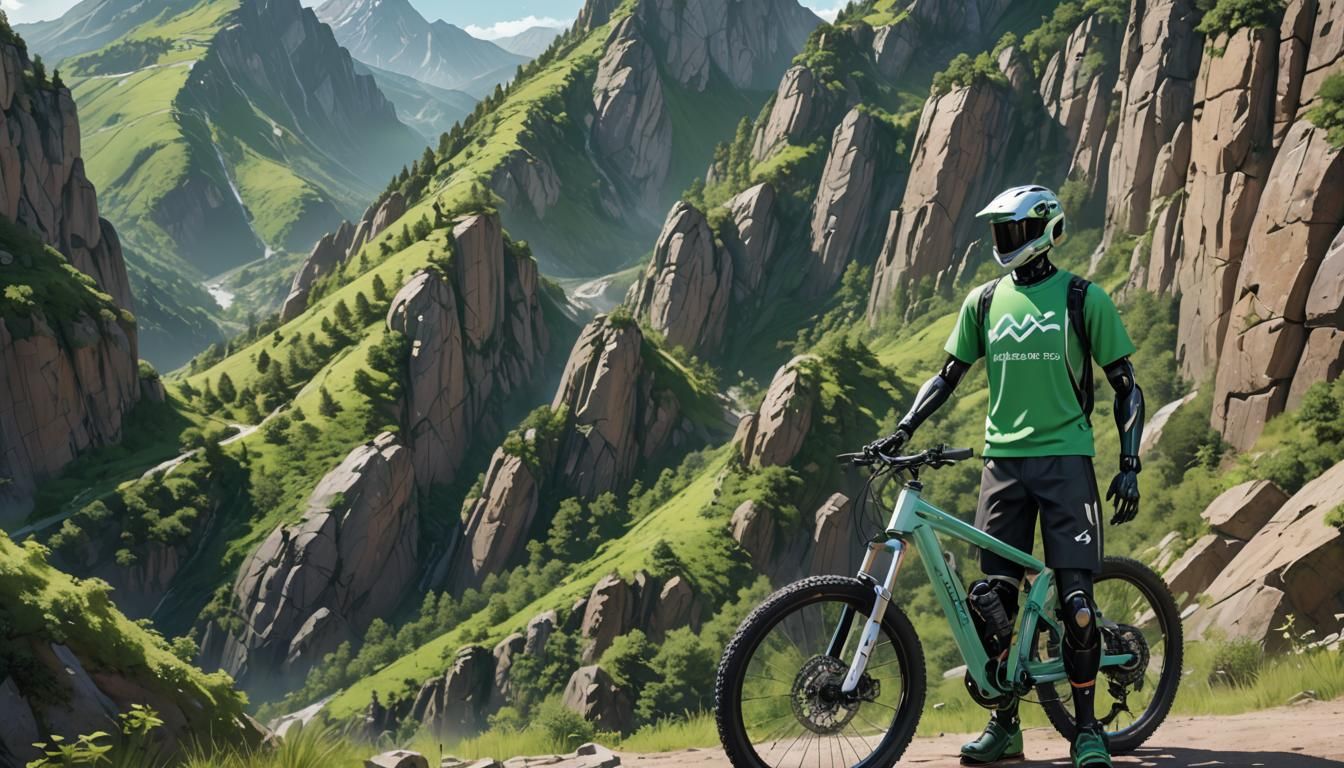 Humanoid Robot Mountain Biker in 3D Anime Art