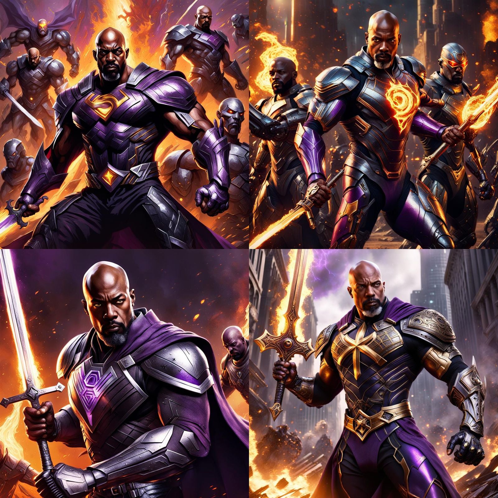 Superhero Battles Evil Robots with Flaming Sword