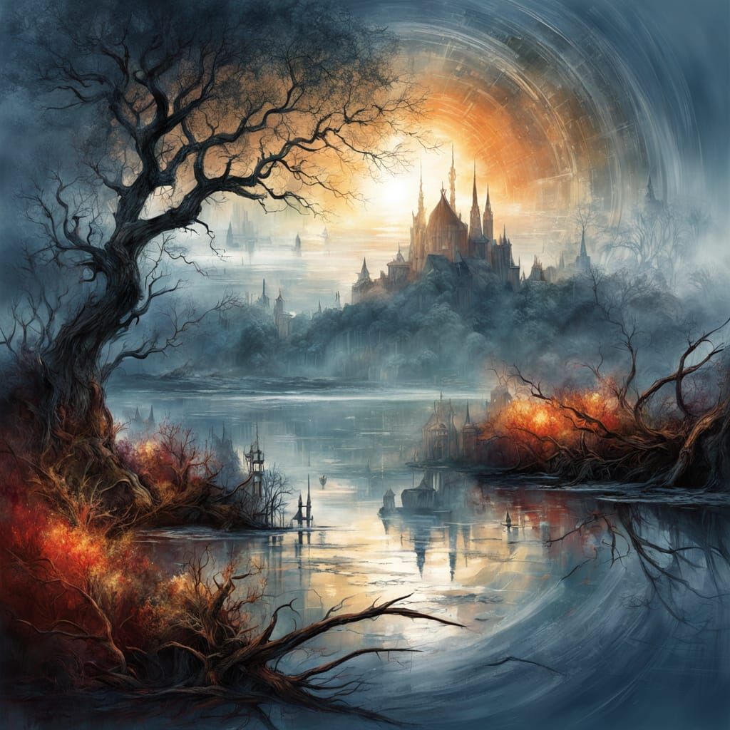 double exposure landscape, red sun shining