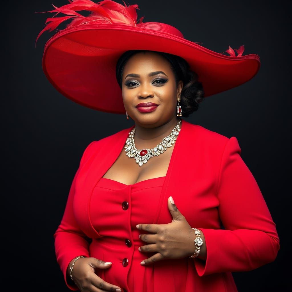 Elegant Plus Size Woman in Church Attire, Blood Red Dress Su...