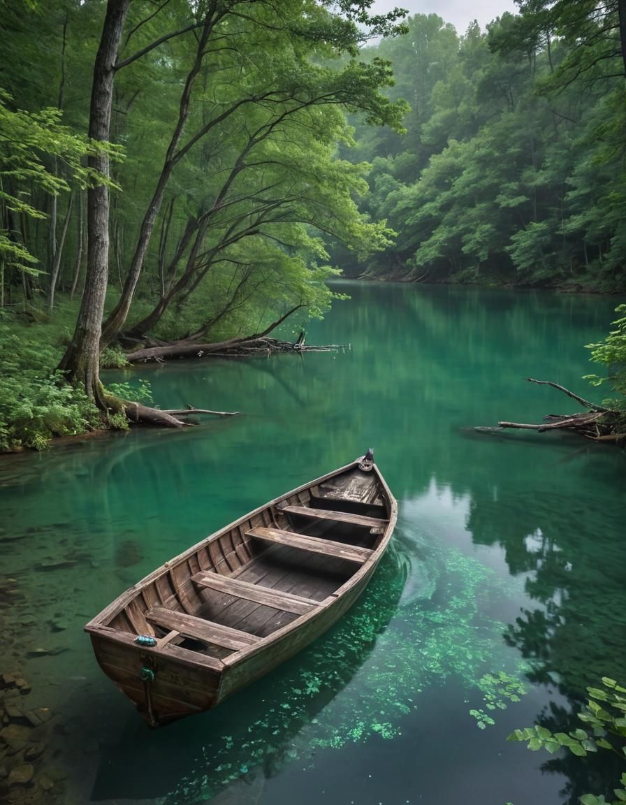 Serene Lake with Overturned Boat as Oil Painting