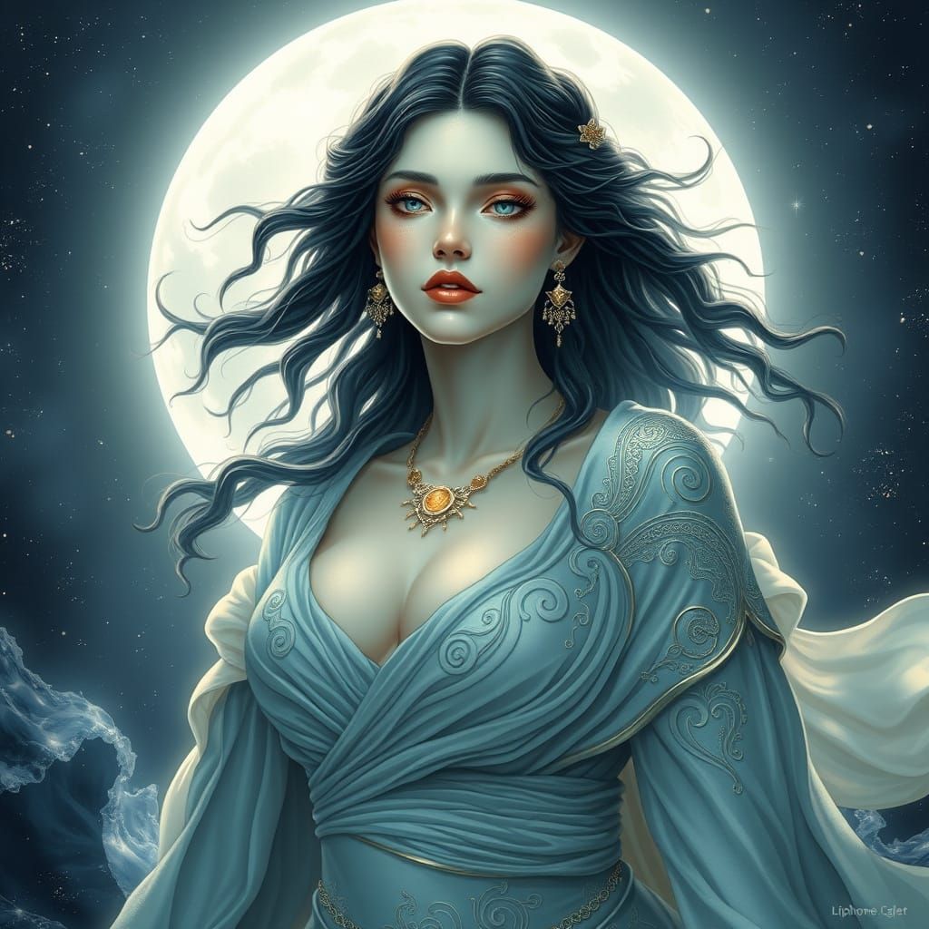 Ethereal Moon Goddess of Oceans, Art Nouveau Style