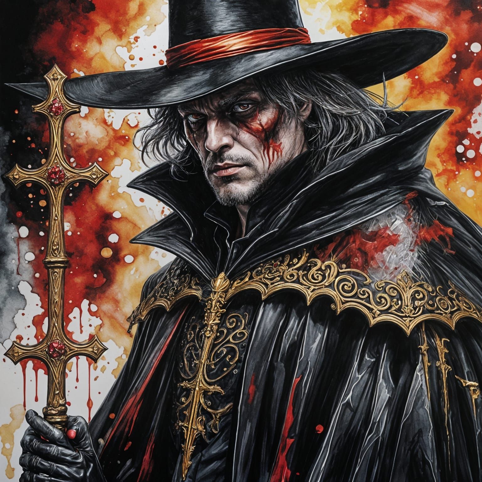 Vampire Hunter Portrait in Alcohol Ink Style