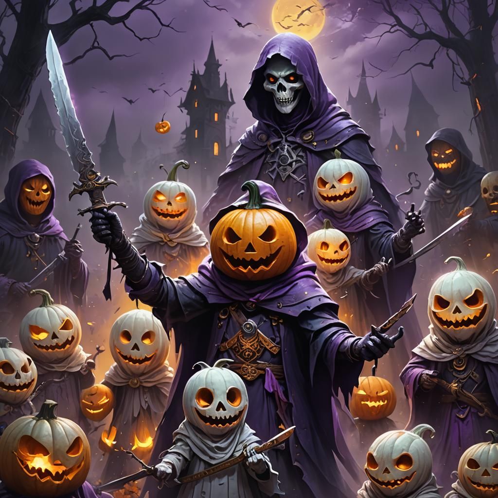 Cute Ghosts with Knives in Dark Fantasy Style