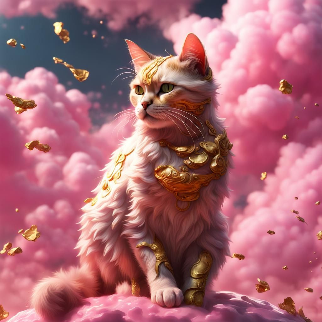 Pink and Gold Cat in Detailed Matte Painting Style
