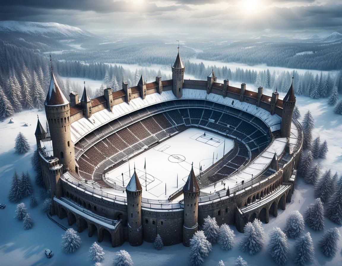 Medieval Football Stadium Beside Castle in Snow