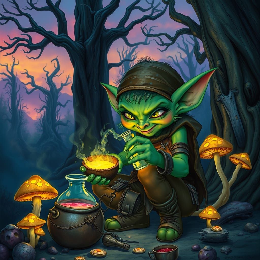 Goblin Mixing Potions in Enchanted Forest