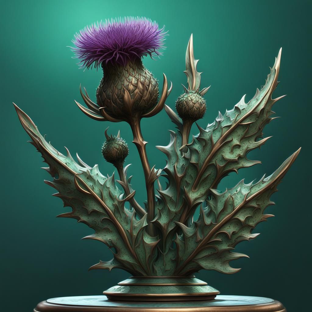 Bronze Thistle Sculpture with Unicorn in Fantasy Art