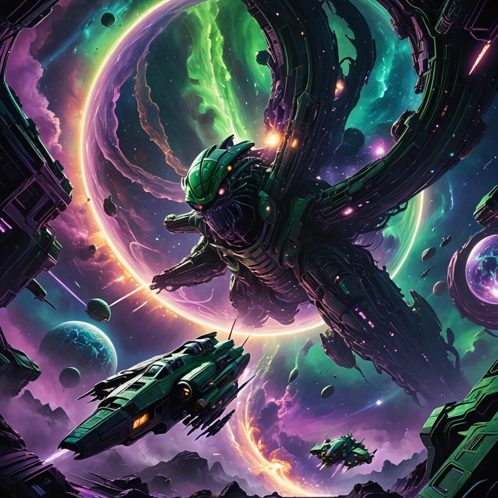 Spaceship Battles Space Monster in Galactic Concept Art