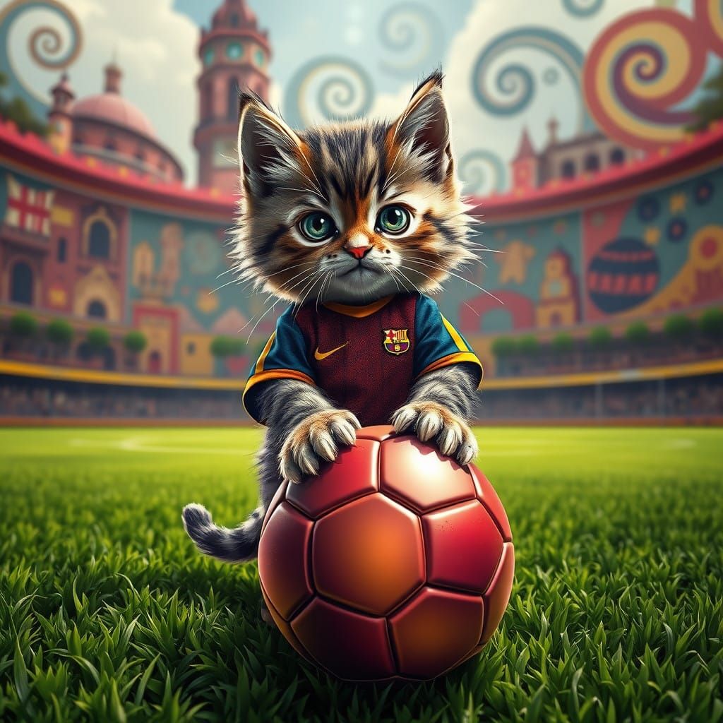 Whimsical Soccer Kitten in Barcelona Kit, Fantasy Concept Ar...