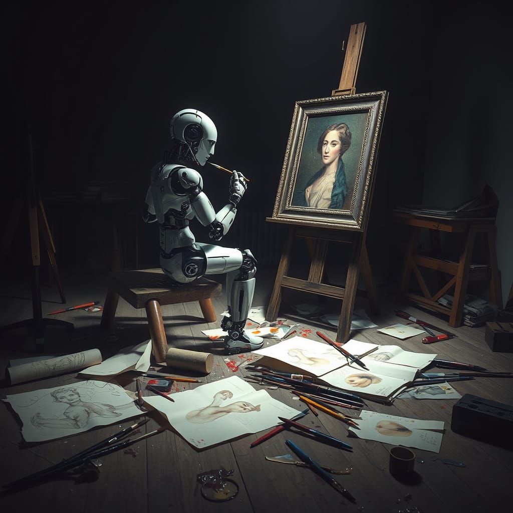 Robot Artist in Dimly Lit Studio Completing Portrait