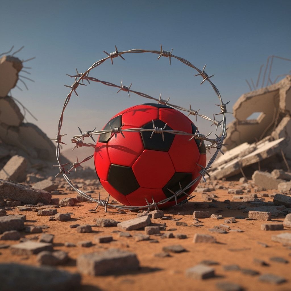 Barbed Wire Soccer Ball in Rubble, 3D Render