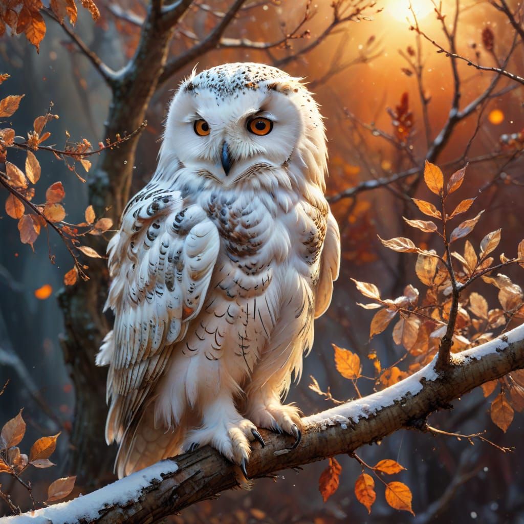 Snow Owl on Autumn Branch: Digital Watercolor