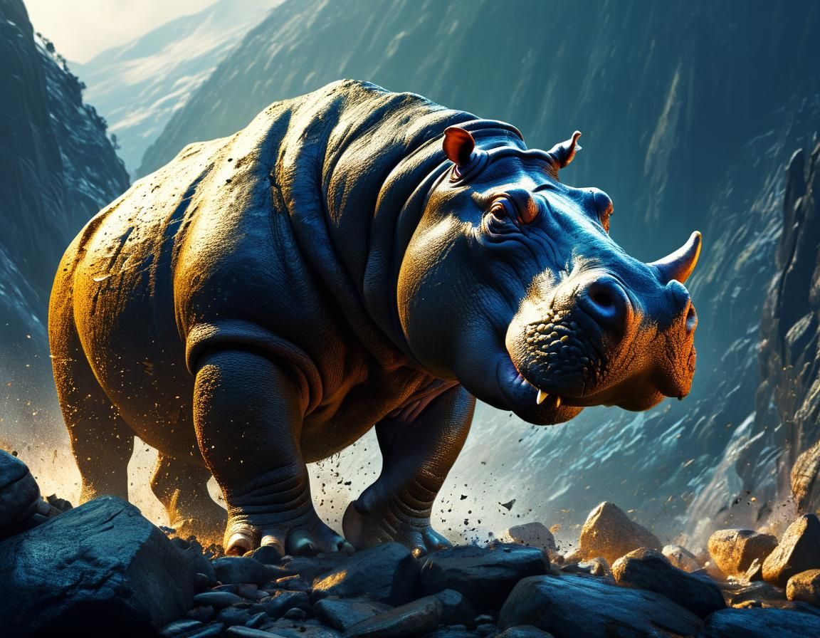 Hippopotamus Crashes Into Mountain: Vivid Digital Art