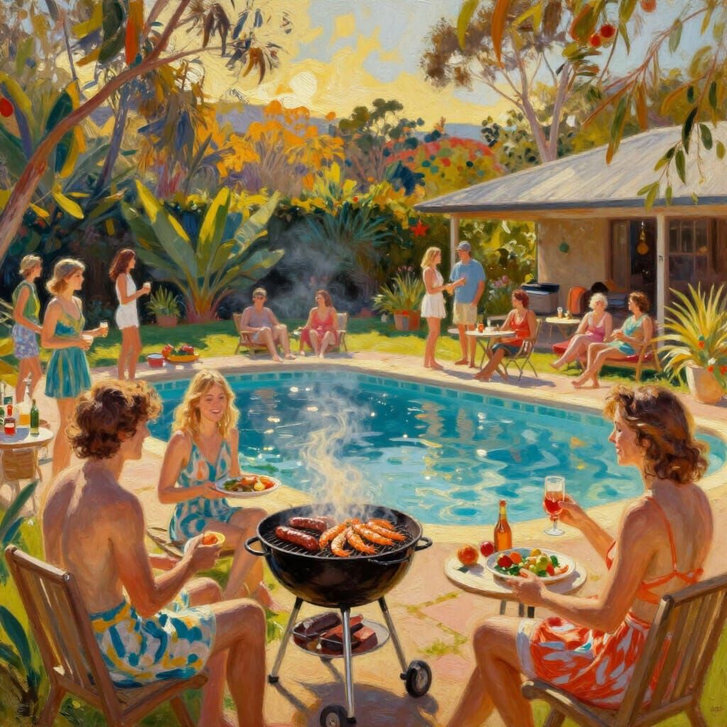 Australian Christmas Pool Party in Vibrant Oil Painting Styl...