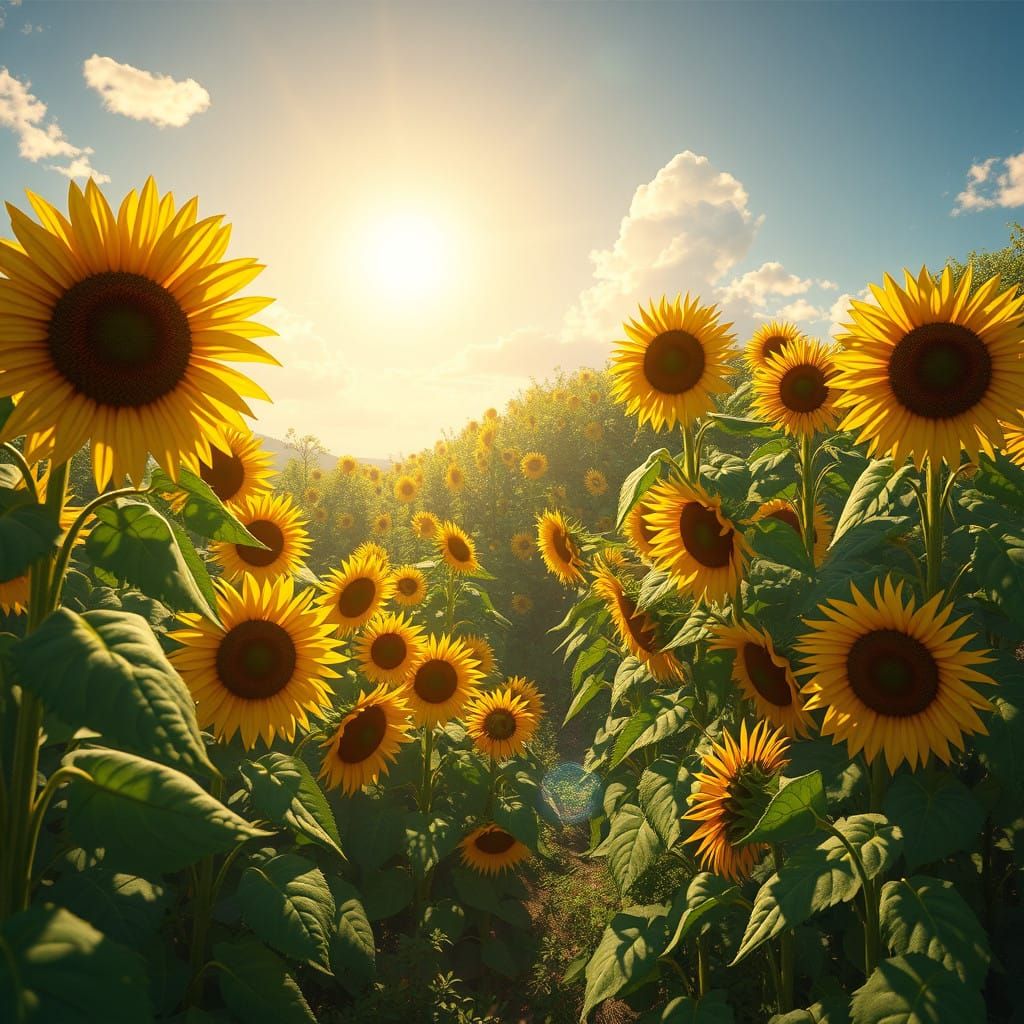 Sunflowers in a Golden 3D Anime Garden