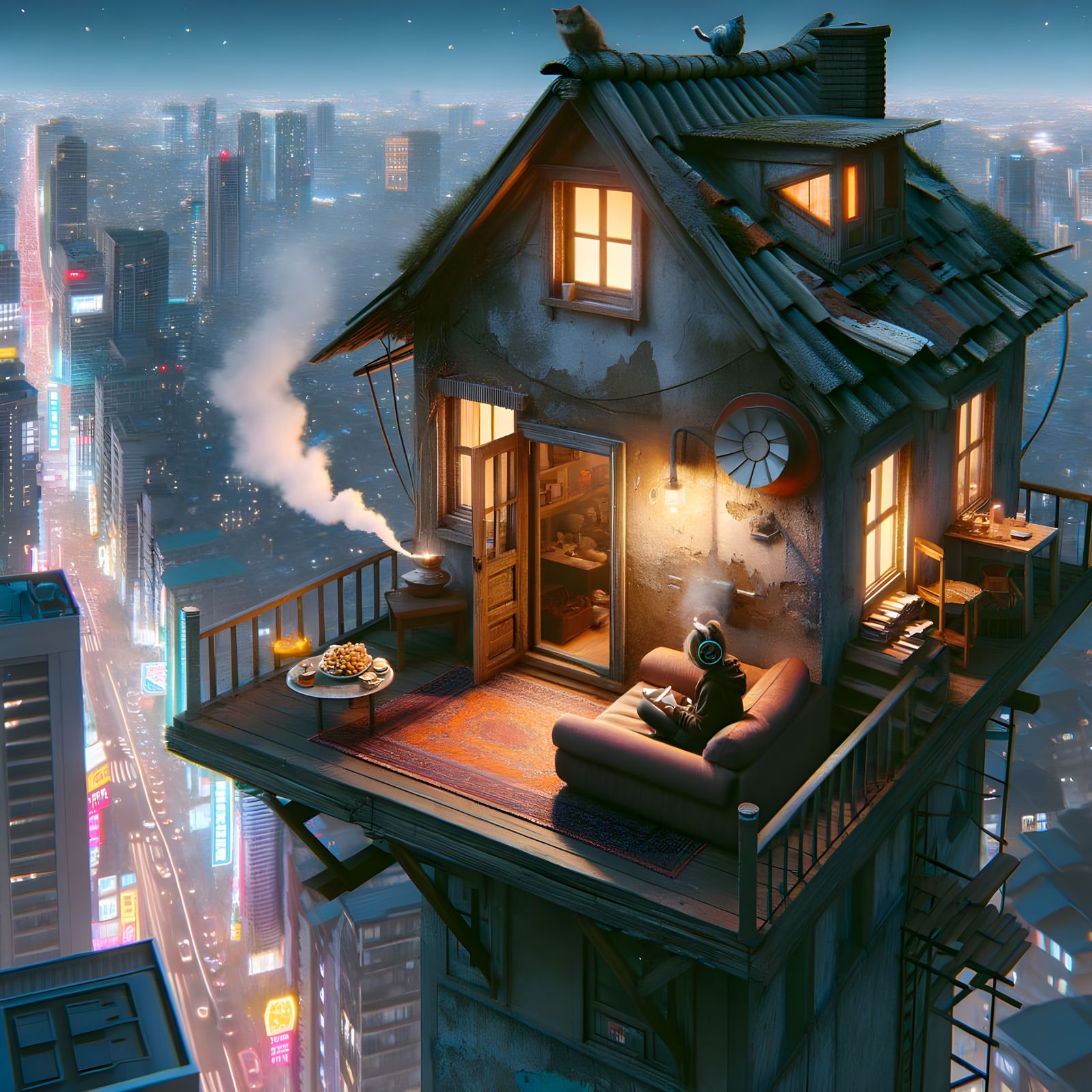 Cozy House Above Neon City, Animation Style