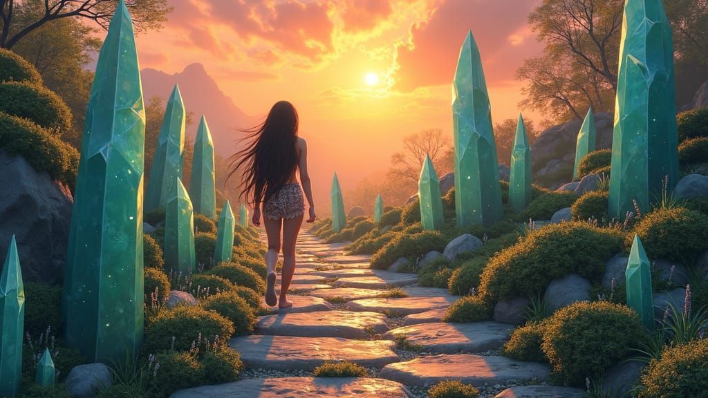 A long stone PATHWAY made of Crystals with Moss everywhere at sunset.