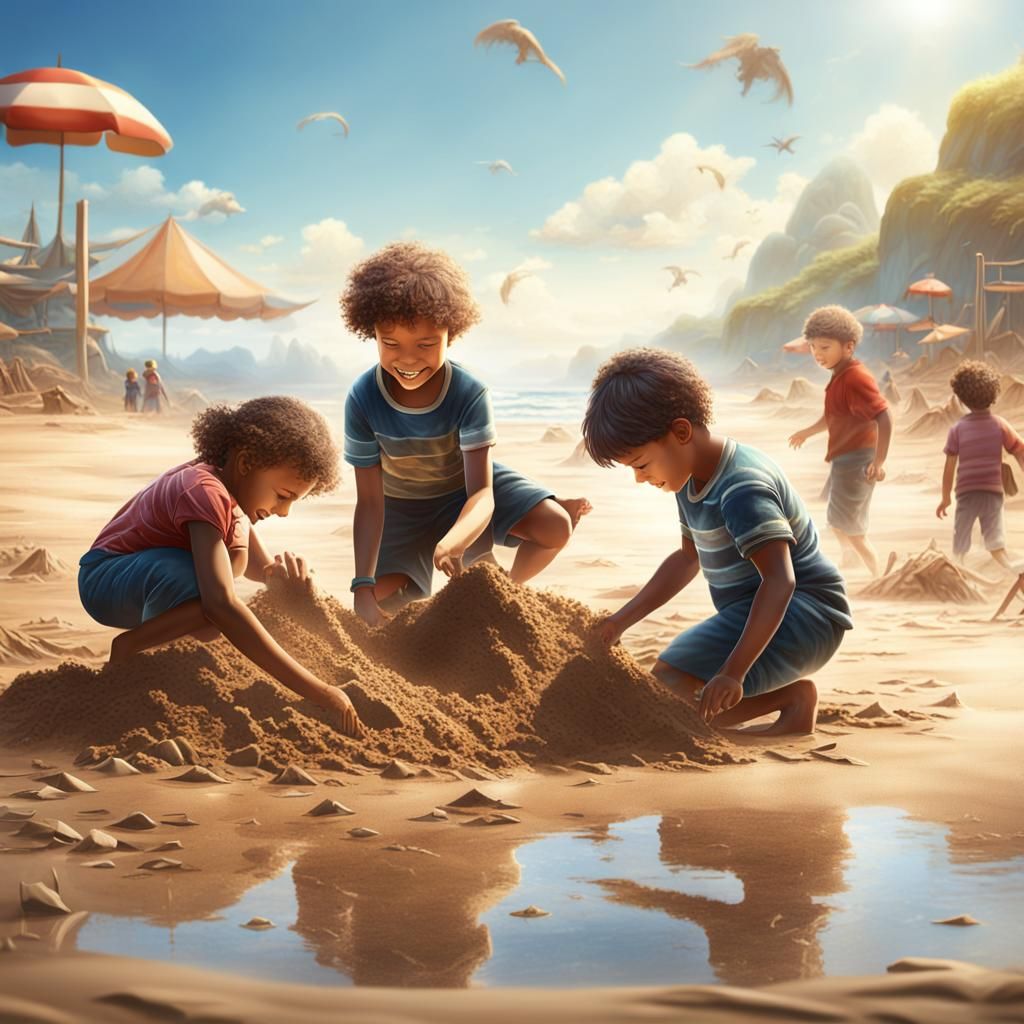 Children Play on Sunny Beach in Detailed Matte Painting