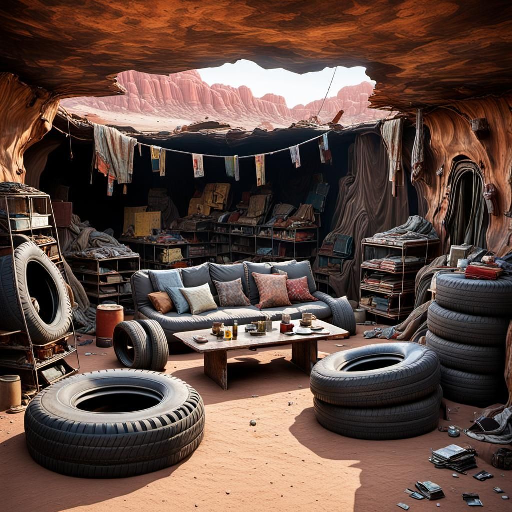 Post-Apocalyptic Cave Interior Furnished with Scrap, 3D Art