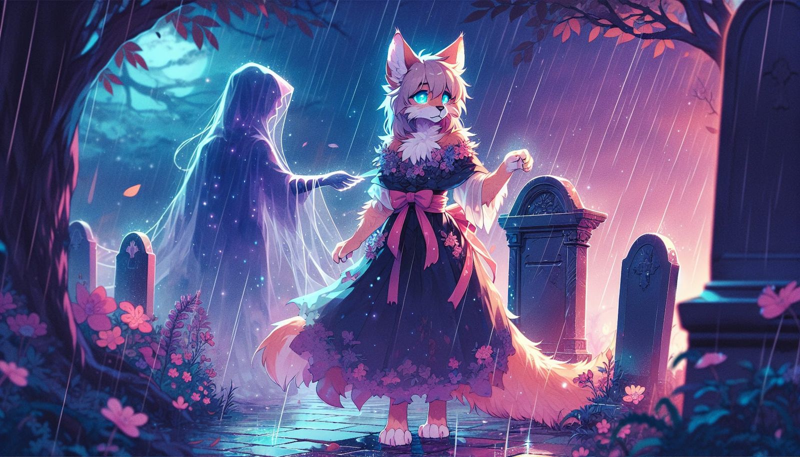 Lynx and Spectral Figure in Anime Style