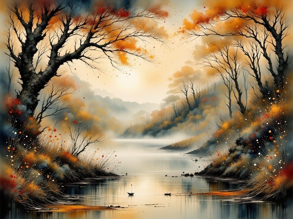 Autumn Morning Landscape in Watercolor Style