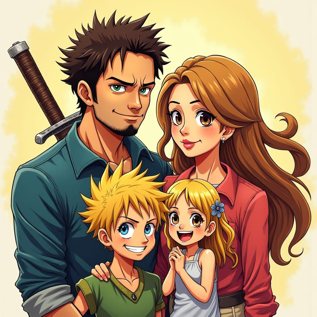 One Piece Style Family Portrait with Samurai Sword