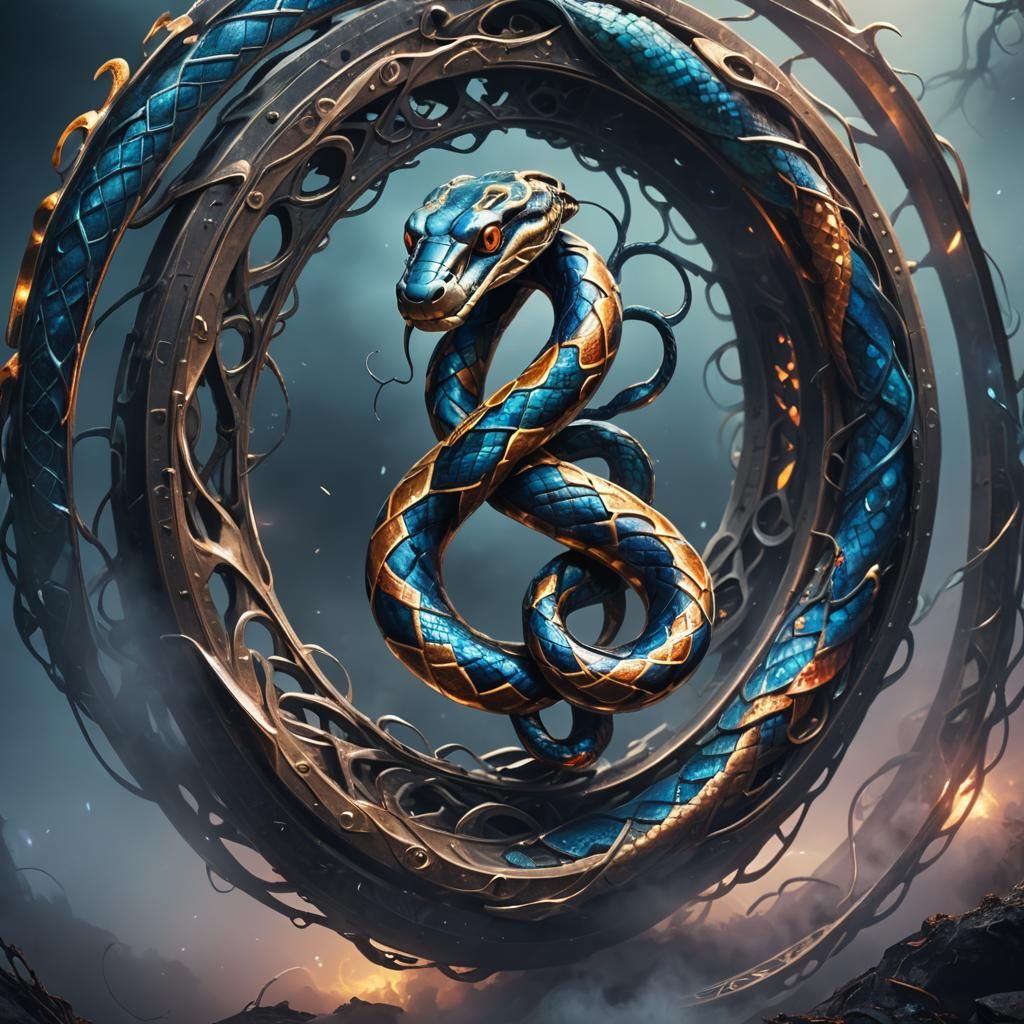 Metallic Snake and Wheel in Backlit Fog