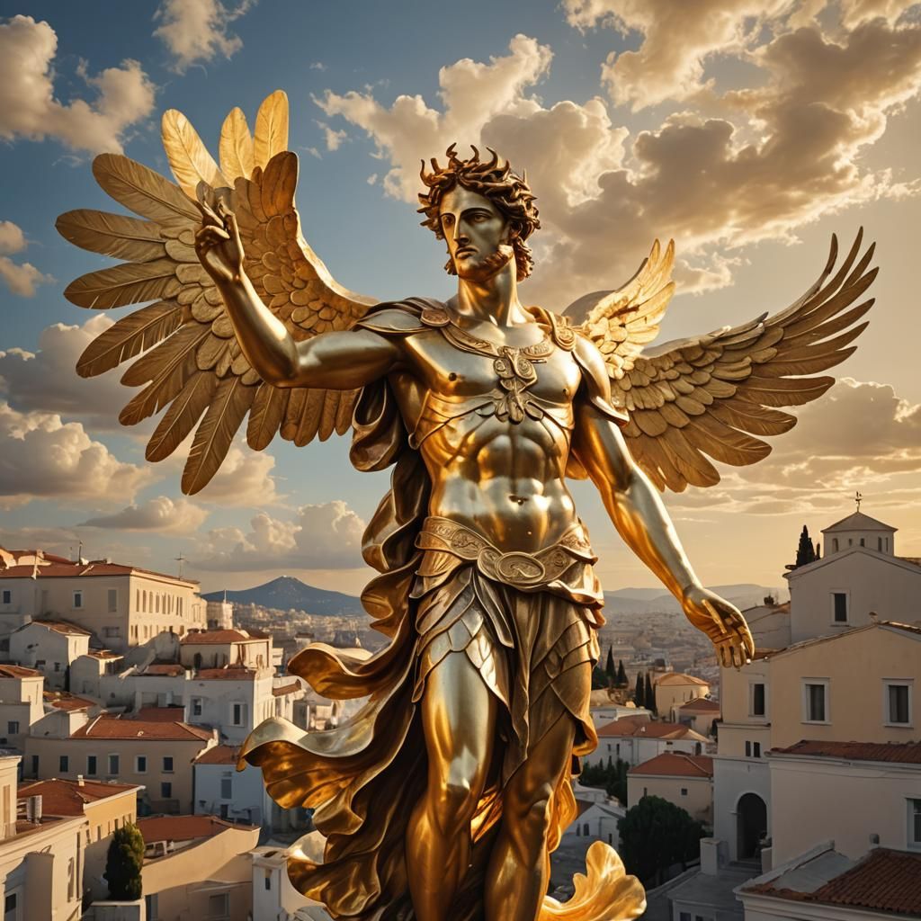 Winged Greek Statue Soaring Over Athens